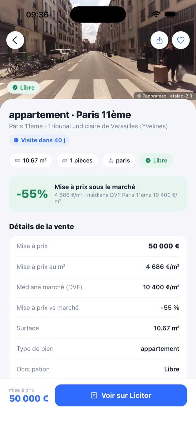 Fiche d'un bien avec estimation, décote et coût total