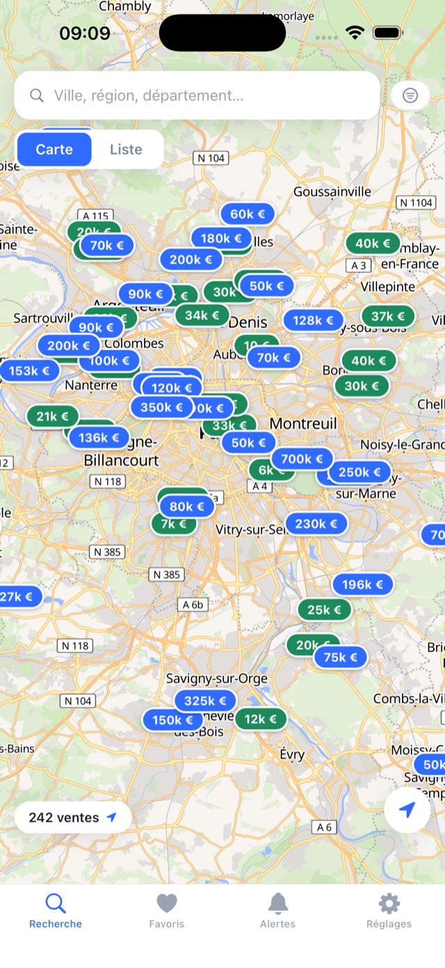 Carte Adjugé — les biens aux enchères géolocalisés avec leur prix