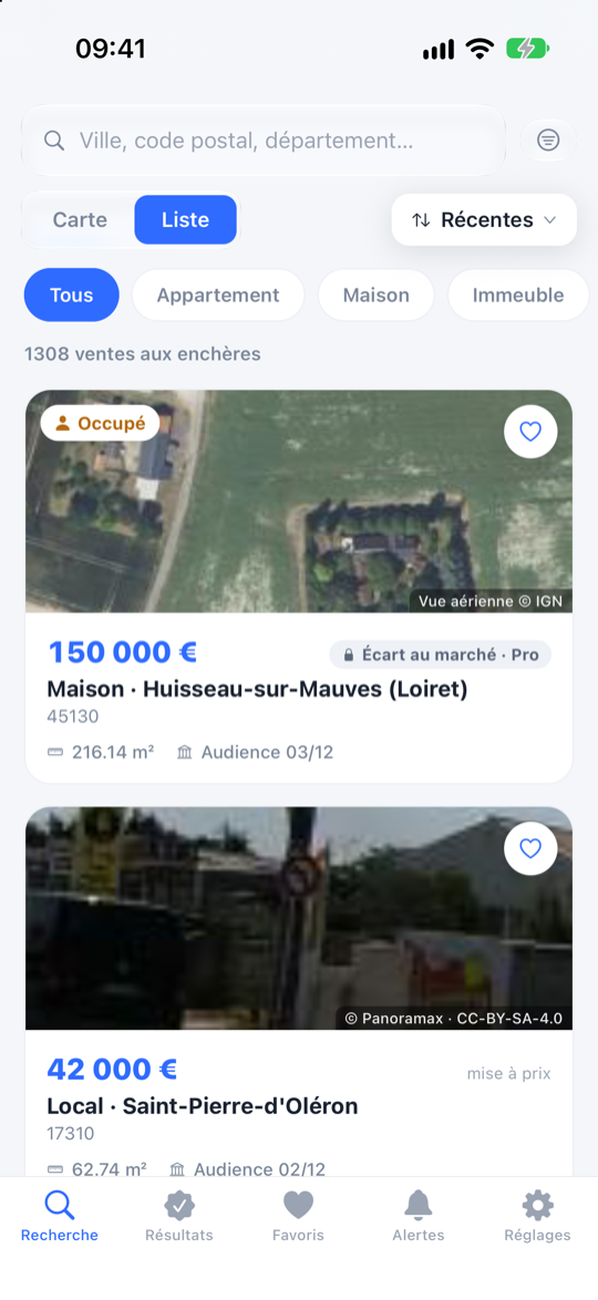 Écran Liste : les ventes aux enchères triées par date, filtres par type de bien