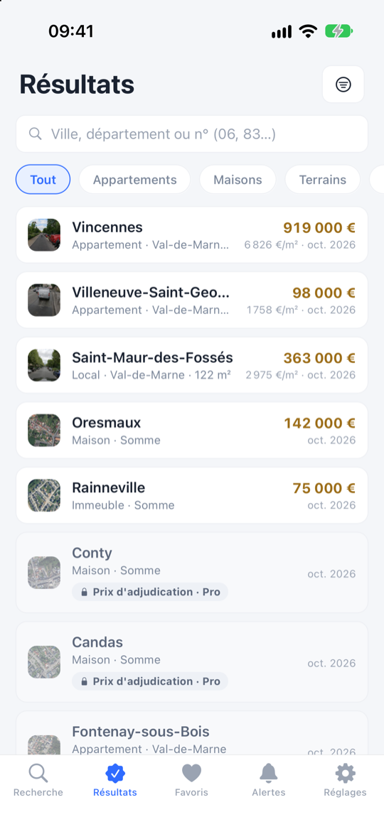 Écran Résultats : les dernières ventes adjugées avec leur prix au marteau